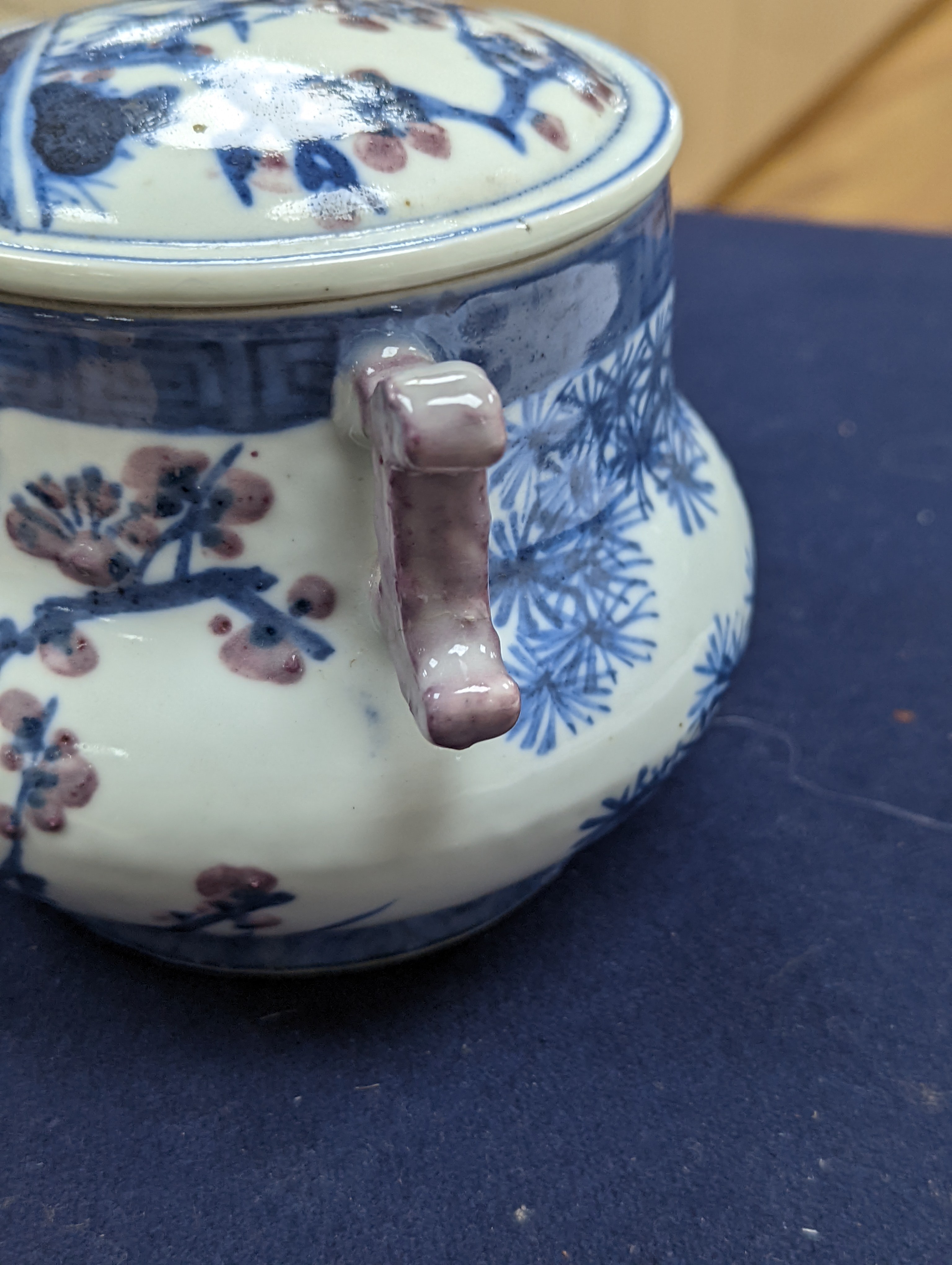 A Chinese underglaze blue and copper red jar and cover, Xuande six character mark but later 12cm